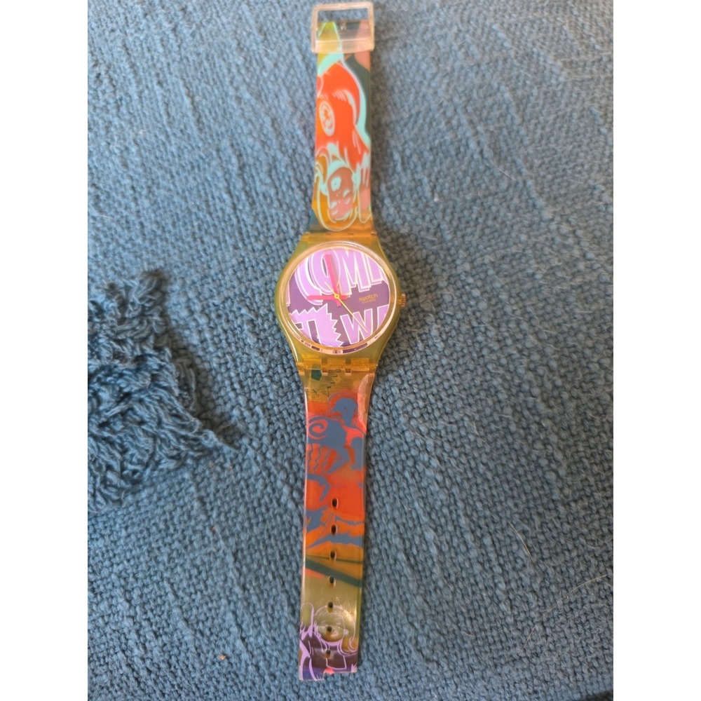 Vintage Swatch Watch 1990s Multi Color Plastic For Parts Robin GJ103 Comic Style